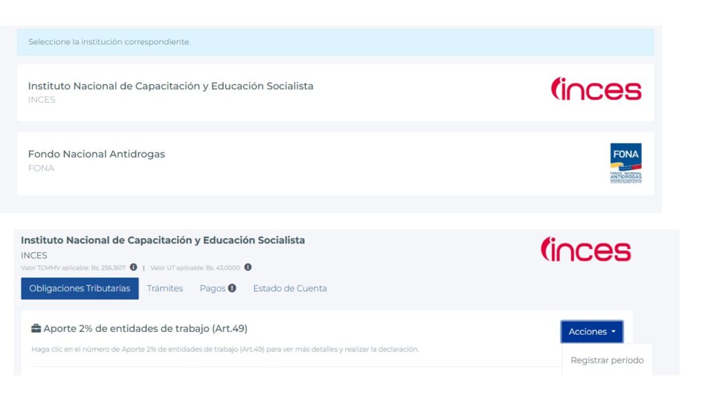 Vista de la pestaña obligaciones tributarias en el portal INCES para declarar el aporte 2%