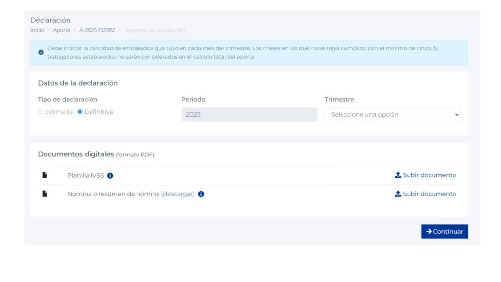 Carga de documentos requeridos para declarar el aporte 